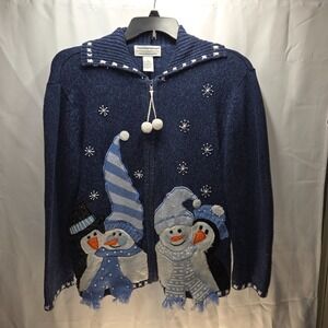 Ugly Christmas Tiara International L Navy Snowmen Penguins 2004